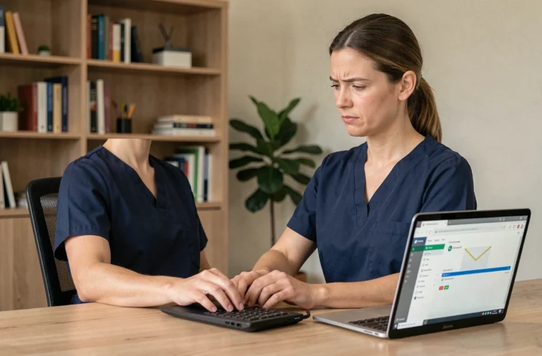 Professionnelle de santé accédant à la messagerie Zimbra du CHU de Reims depuis son domicile sur un ordinateur portable