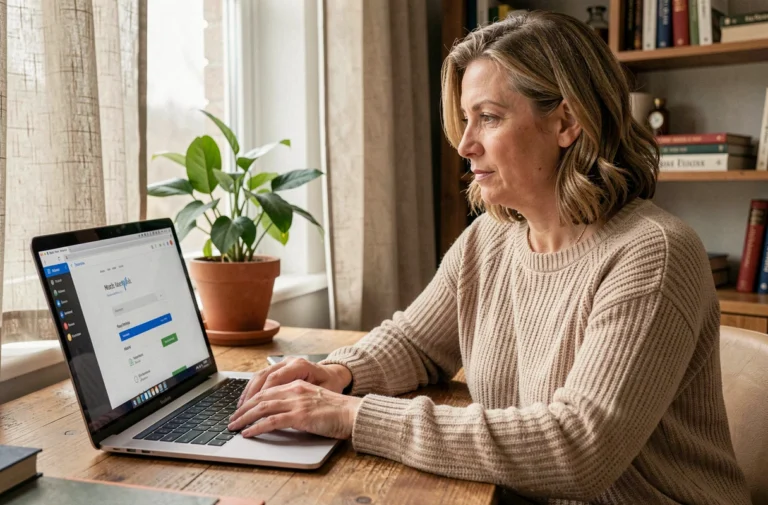 Femme accédant au webmail académique Normandie depuis son bureau à domicile sur un ordinateur portable