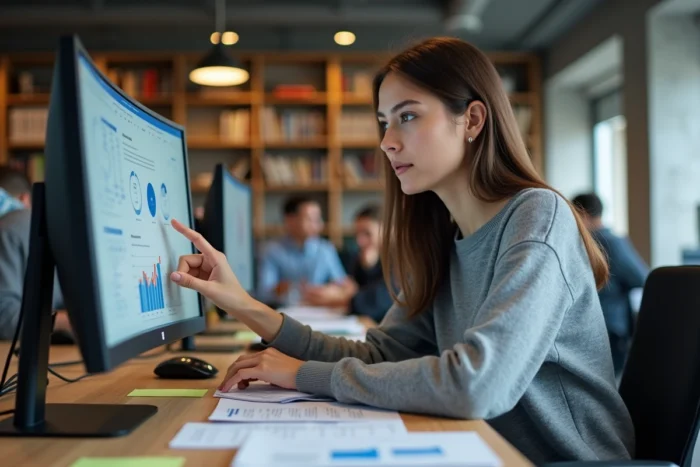 Femme professionnelle consultant les tendances du web en temps réel sur un écran dans un bureau moderne