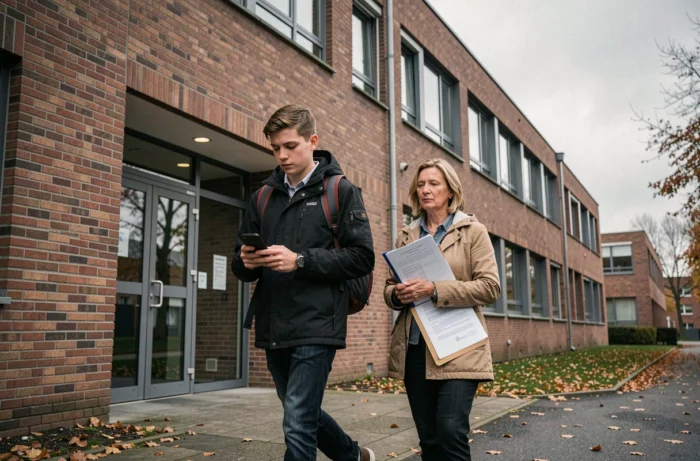 Adolescent belge et sa mère devant un lycée discutant des allocations familiales en Belgique