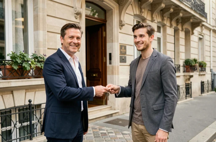 Agent immobilier remettant les clés d'un appartement en location à un nouveau locataire devant un immeuble parisien