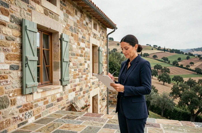 Agente immobilière inspectant une ferme en pierre rénovée sur les coteaux avec vue panoramique sur les cultures en terrasses