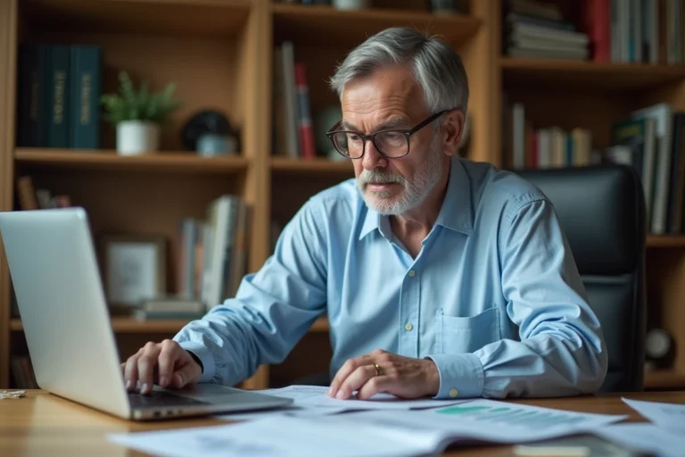 Un homme d'une cinquantaine d'années analyse des données officielles de courses de trot sur son bureau avec un ordinateur portable affichant des statistiques