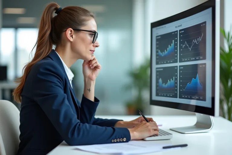 Femme professionnelle analysant des données de référencement SEO sur un grand écran dans un bureau moderne