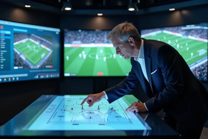 Analyste sportif masculin dans un studio de télévision moderne étudiant des données tactiques sur une table interactive