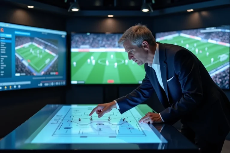 Analyste sportif masculin dans un studio de télévision moderne étudiant des données tactiques sur une table interactive