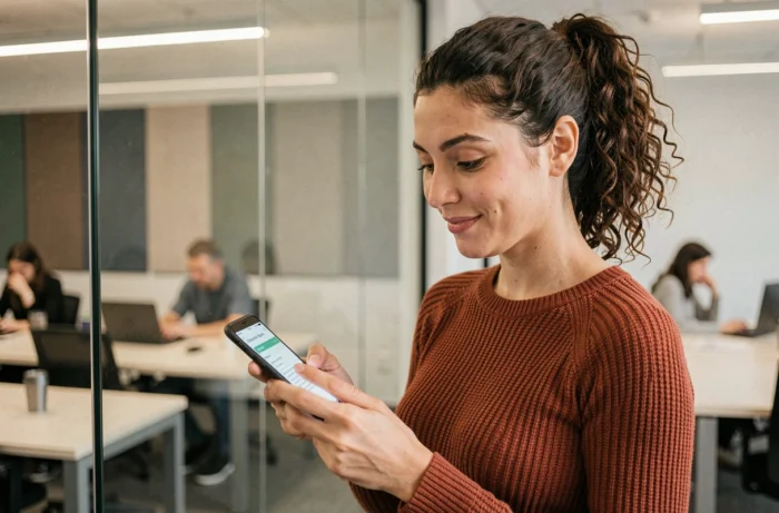 Jeune femme utilisant l'application MyPeopleDoc dans un espace de coworking pour gérer ses documents RH