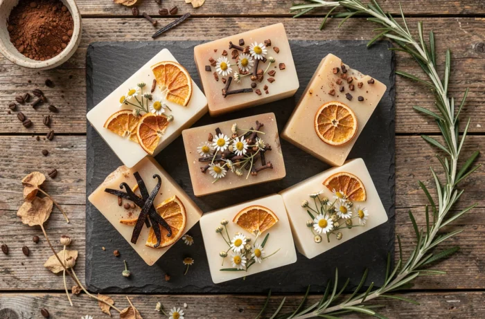 Assortiment de savons artisanaux aux ingrédients aromatiques naturels comme la vanille, l'écorce d'orange et la camomille sur un plateau en ardoise