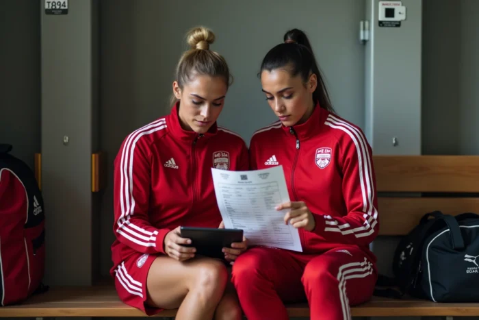 Deux athlètes féminines consultant des analyses tactiques dans un vestiaire sportif authentique