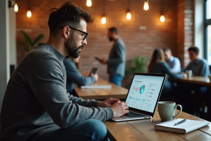 Homme travaillant sur un audit SEO et des outils d'analyse de site web dans un espace de co-working urbain
