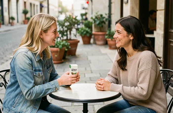 Deux amies discutant des résultats d'une cure Lulutox en terrasse de café
