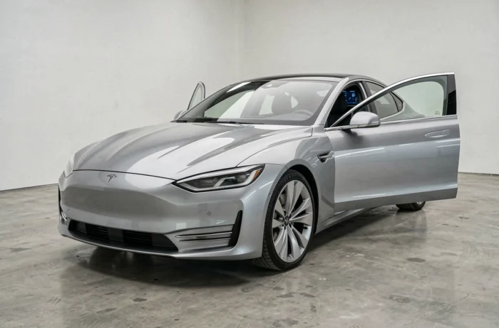 Berline électrique 2024 exposée dans un showroom moderne avec design aérodynamique et tableau de bord numérique