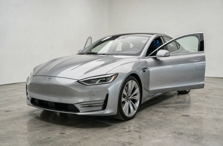 Berline électrique 2024 exposée dans un showroom moderne avec design aérodynamique et tableau de bord numérique