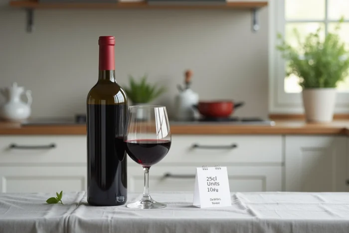 Gros plan sur une bouteille de vin entamée et un verre rempli sur une table de cuisine, représentant les unités d'alcool et le calcul du taux d'alcoolémie