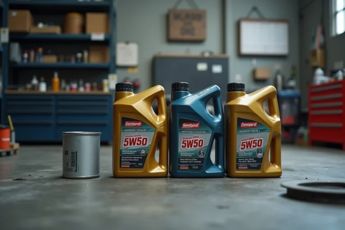 Bouteilles d'huile moteur 5W50 alignées sur une étagère d'atelier avec filtre à huile et bac de vidange