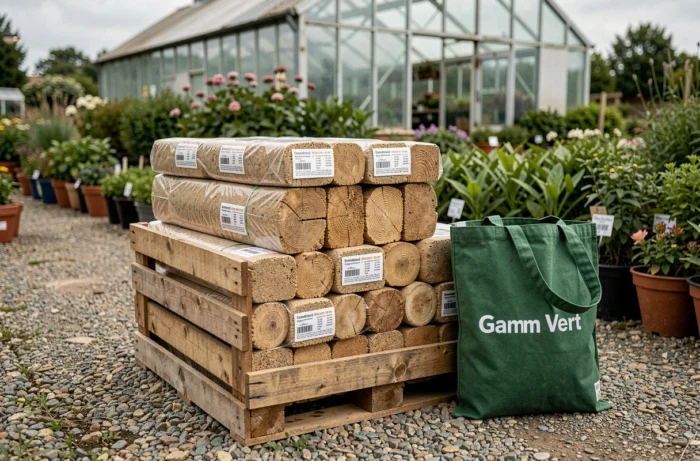 Bûches densifiées en caisse bois devant un rayon de jardinerie Gamm Vert