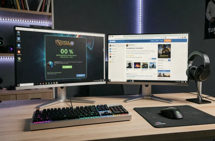 Bureau gaming avec League of Legends bloqué en mise à jour et forum de dépannage ouvert