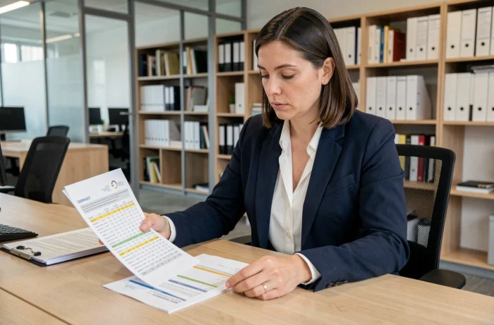 Professionnelle du secteur social consultant des grilles de salaire de la convention collective 66 dans un bureau administratif