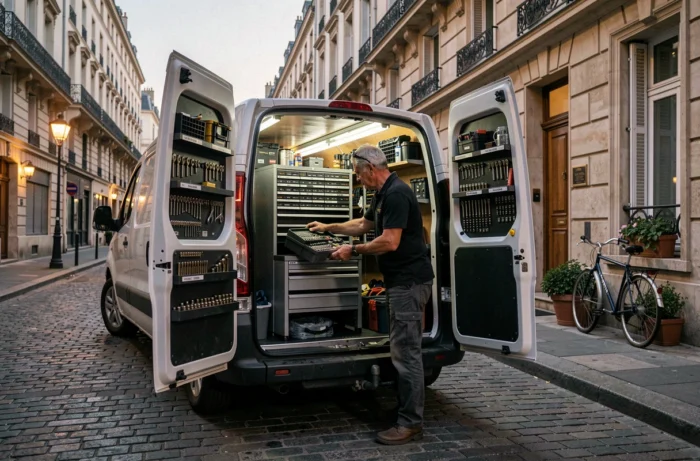 Camionnette d'un serrurier professionnel garée dans une rue résidentielle française avec équipements visibles