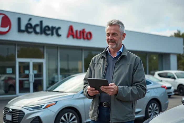 Homme complétant sa demande de carte grise en ligne depuis le parking Leclerc Auto avec une tablette