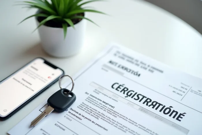 Vue de dessus d'une carte grise française, d'une clé de voiture et d'un smartphone avec confirmation d'immatriculation