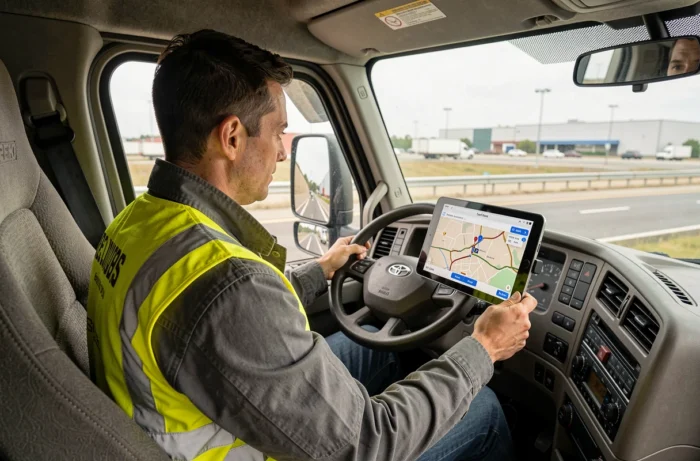 Chauffeur de camion consultant son système de navigation GPS de suivi de flotte depuis la cabine de son véhicule professionnel