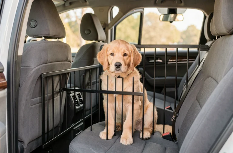 Chiot golden retriever sécurisé dans un SUV grâce à une barre anti écrasement pour chien en acier noir