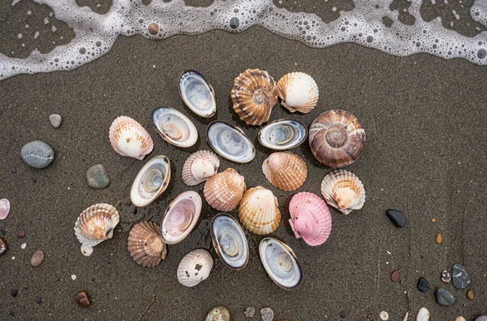 Collection de coquillages variés sur le sable mouillé d'une plage landaise
