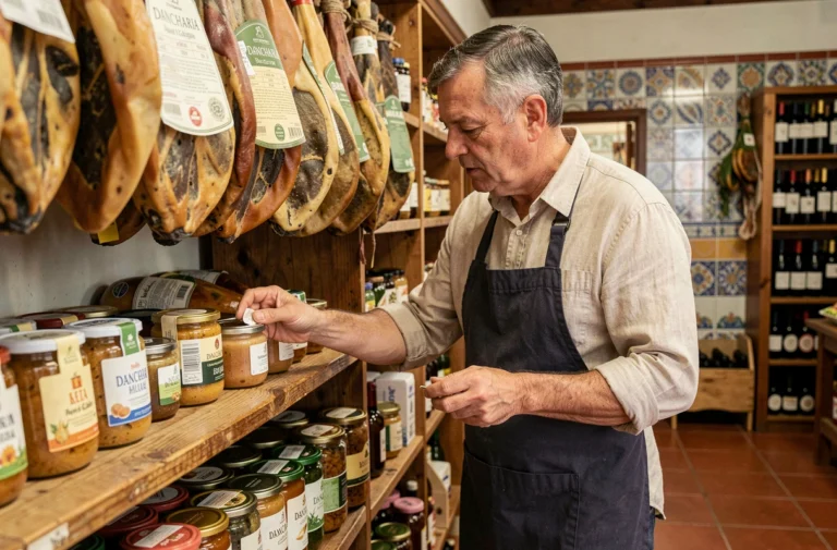 Commerçant espagnol arrangeant des produits locaux dans une venta traditionnelle de Dancharia, avec jambons et bouteilles de vin en arrière-plan