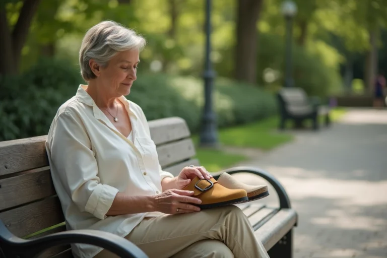 Femme comparant des sandales Birkenstock et des chaussures Scholl sur un banc dans un parc, pour choisir les plus confortables au quotidien