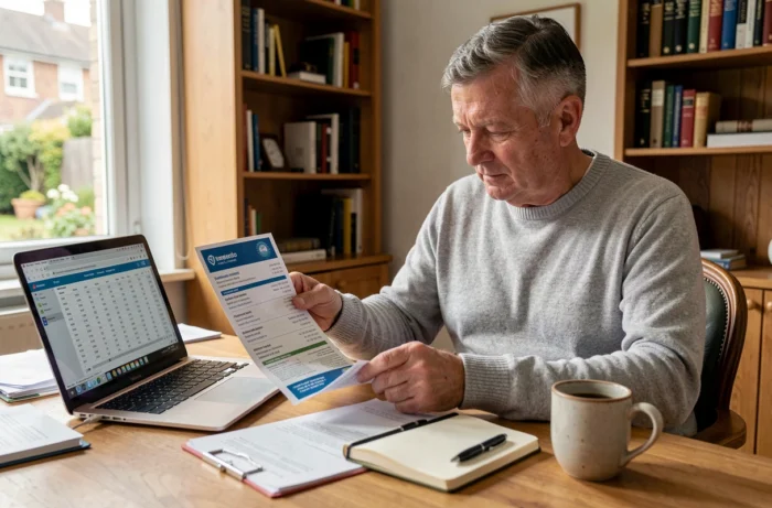 Homme comparant des brochures d'épargne PEL et Quadreto à son bureau à domicile