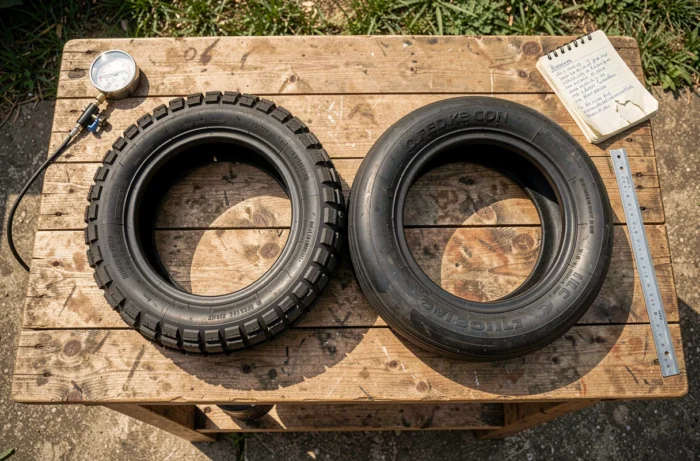 Comparaison de deux pneus moto custom aux profils différents posés sur un établi en bois