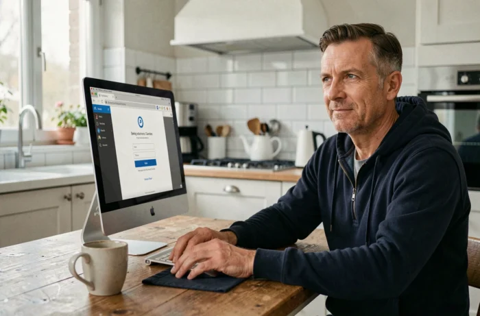 Homme se connectant au webmail Normandie académie sur un ordinateur de bureau dans une cuisine moderne