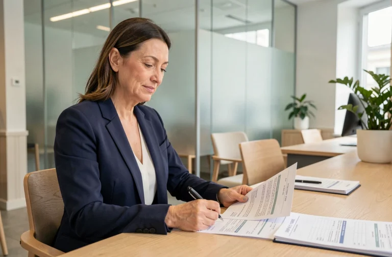 Conseillère bancaire analysant des documents de placement financier dans une agence Caisse d'Épargne moderne