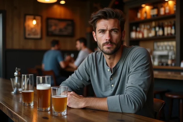 Homme attablé dans un bar avec plusieurs verres vides devant lui, illustrant la consommation d'alcool et le taux d'alcoolémie