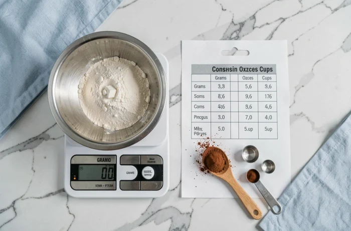 Vue aérienne d'une balance numérique avec tableau de conversion de masse et ustensiles de cuisine sur marbre