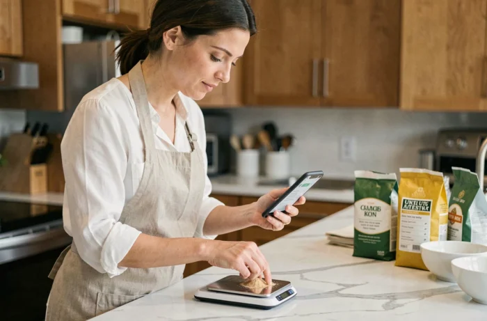 Femme utilisant un convertisseur de masse sur smartphone pour peser des ingrédients en cuisine