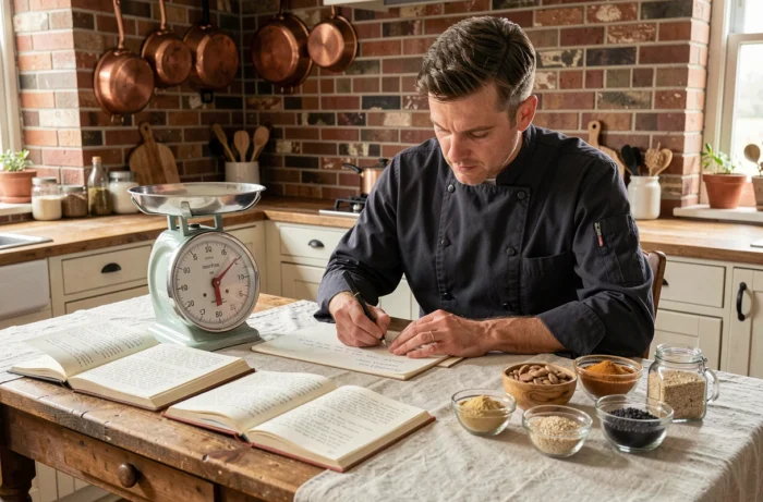Homme chef consultant des notes de conversion de masse avec une balance analogique et des livres de recettes