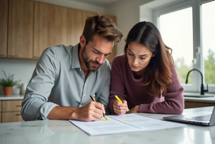 Couple d'acheteurs immobiliers en train d'analyser les clauses de taux d'intérêt d'un compromis de vente dans leur cuisine