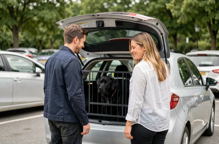 Couple souriant avec leur chiot labrador sécurisé par une barre anti écrasement dans le coffre d'une voiture compacte au parking d'un parc