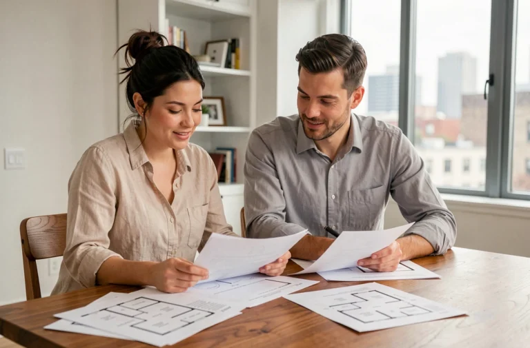 Couple étudiant des documents immobiliers à une table en bois dans un appartement moderne, symbolisant les étapes d'un projet d'achat immobilier