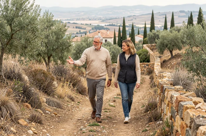 Couple d'acheteurs potentiels évaluant un terrain à bâtir non viabilisé sur les coteaux avec vue sur la vallée et les toits de village