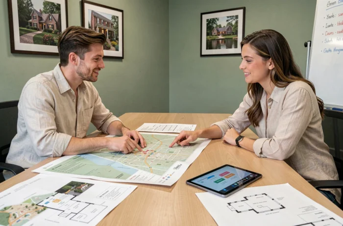 Couple discutant avec une wedding planner autour de cartes de site et plans de lieu pour organiser leur mariage