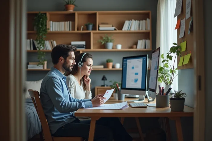 Couple en télétravail partageant un espace de travail aménagé à domicile, chacun concentré sur ses tâches professionnelles