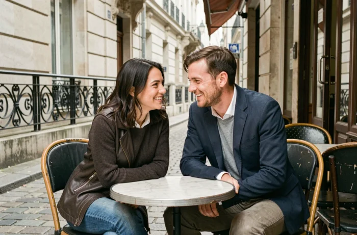 Couple complice attablé à une terrasse de café parisien en tenue décontractée chic