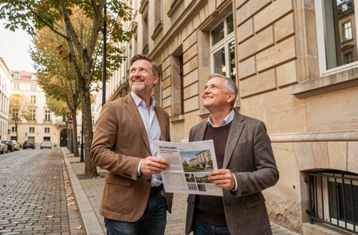 Couple visitant un immeuble résidentiel pour leur premier investissement immobilier en ville