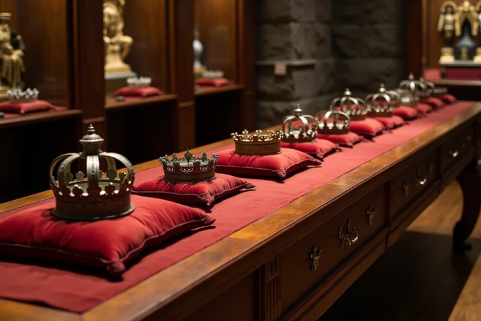 Collection de couronnes et couronets nobiliaires sur coussins de velours classés par rang dans un musée