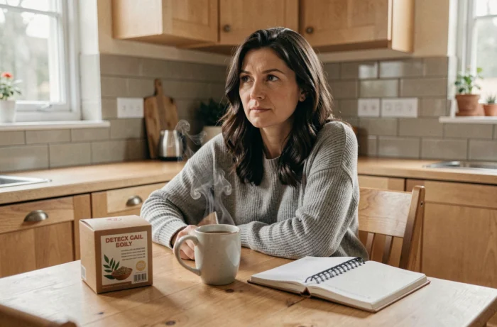 Femme prenant sa cure de thé détox Lulutox chaque matin à la maison avec son journal