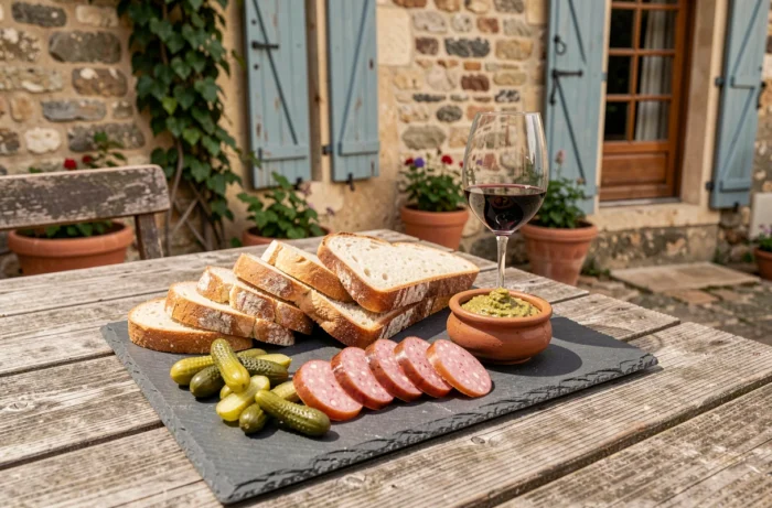 Plateau de maoche ardéchoise avec cornichons, moutarde et pain rustique sur une table en ardoise dans une cour de village