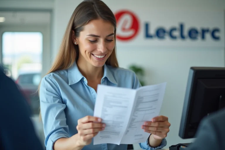 Femme effectuant sa demande de carte grise au comptoir Leclerc Auto avec un document officiel en main